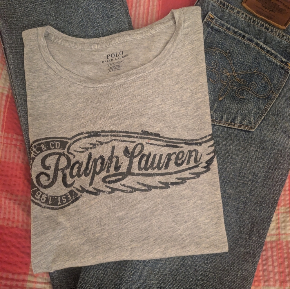 Women's Vintage Ralph Lauren Polo Dungaree Blue Jeans With A Polo T-shirt.